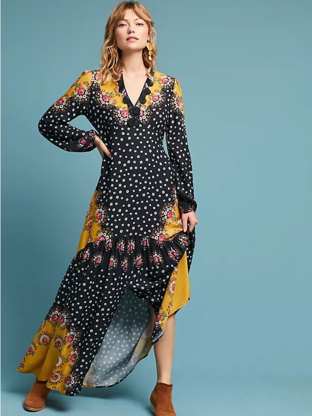 Farm Rio Floral-Blocked Maxi Dress